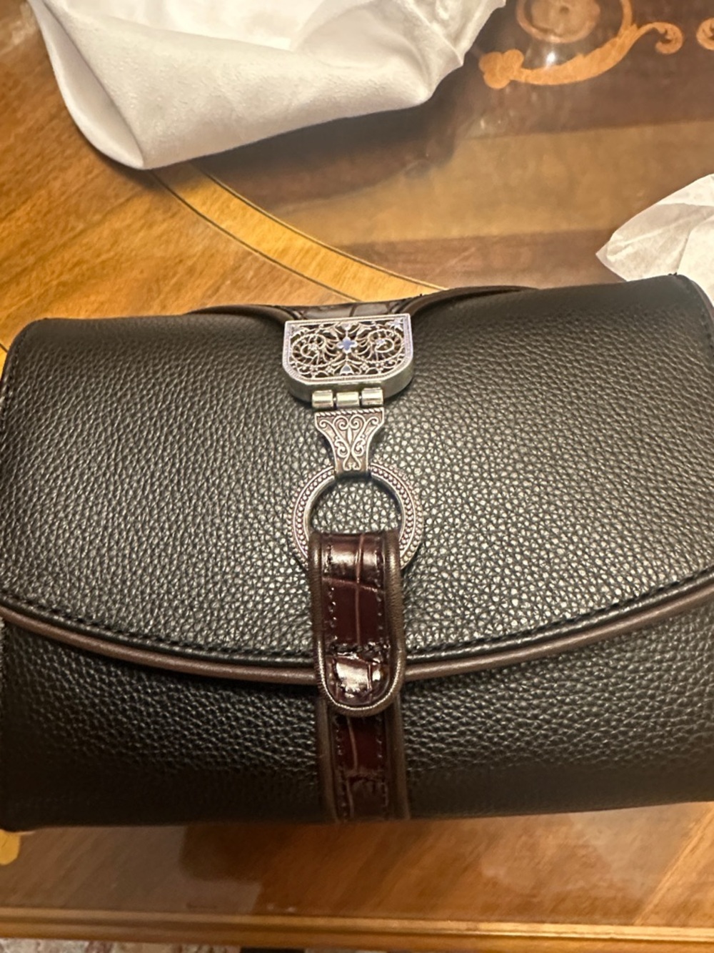 NWT Brighton Black Pebbled Leather with brown accents organizer with strap.